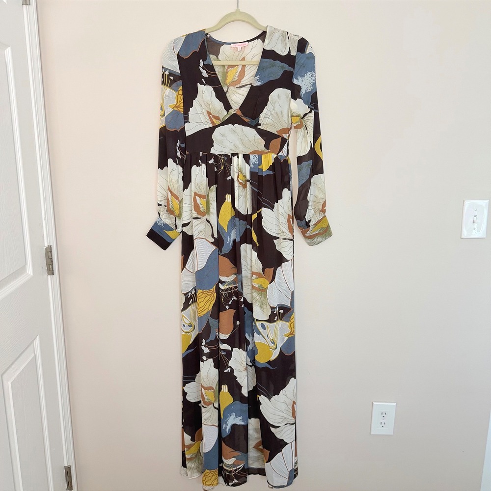 Re:Named Women's Long Maxi Dress Sheer V Neck Floral Print Long Sleeve SZ S